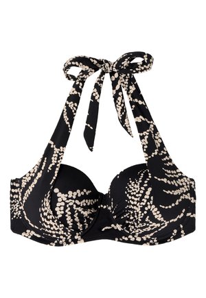 Černý bikiny top s vycpanými košíčky, zavazováním za krkem a krémovým tečkovaným vzorem. Hladká textura a strukturovaný design pro podporu.