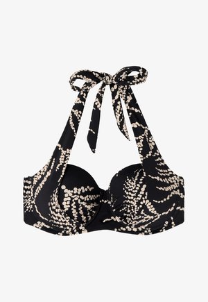 Črn bikini vrh z podloženimi skodelicami, vezanjem za oko vratu in smetanovim pikčastim vzorcem. Gladka tekstura in strukturiran dizajn za podporo.