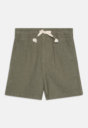 Pantalones cortos de algodón color verde oliva con cintura elástica y cordón blanco, con bolsillos delanteros y dobladillo recto.