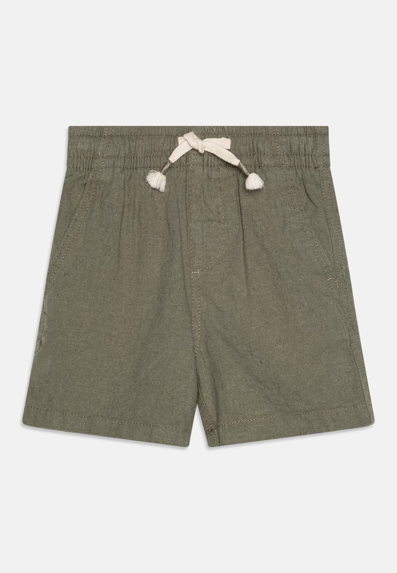 Shorts en coton vert olive avec taille élastique et cordon de serrage blanc, dotés de poches avant et d'un ourlet droit.