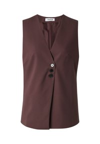Bordeauxfarbene ärmellose Weste mit tiefem V-Ausschnitt, ausgestattet mit drei schwarzen Knöpfen, taillierter Form und glatter Stoffoberfläche.