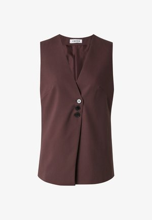 Burgundy sleeveless vest with a deep V-neck, featuring three black buttons, tailored shape, and smooth fabric texture.
