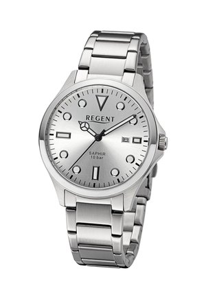 Montre-bracelet Regent en acier inoxydable argenté avec cadran rond, cadran argenté, marqueurs d'heure noirs, affichage de la date et bracelet métallique à maillons.