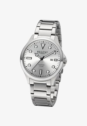 Montre-bracelet Regent en acier inoxydable argenté avec cadran rond, cadran argenté, marqueurs d'heure noirs, affichage de la date et bracelet métallique à maillons.