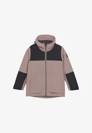 Pink and black outdoor jacket with a hood, front zipper, two side pockets, and contrasting panels on sleeves and shoulders. Smooth texture.