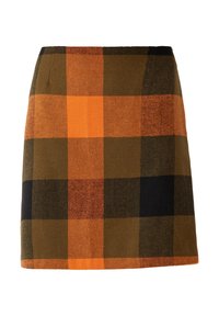 Geruite wollen mini rok in oranje, zwart en bruin. Heeft een rechte snit, een gladde textuur en een nette zoom zonder extra versieringen.