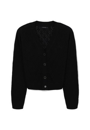 Cardigan nero lavorato a maglia con motivo a diamante, scollo a V, maniche lunghe e quattro bottoni metallici rotondi lungo la parte anteriore.