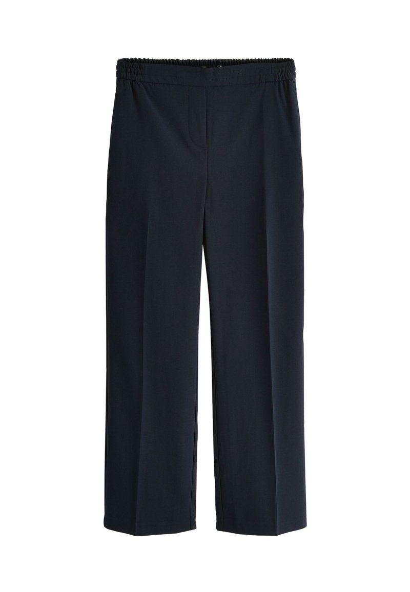 Pantalon noir à jambes droites avec taille élastique, sans poches visibles ni ornements, présenté à plat sur fond blanc.