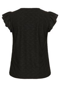 Blusa negra con mangas cortas y volantes, que presenta un patrón texturizado con pequeños cortes a lo largo. Cuello redondo y corte relajado.