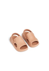 Virsikuvärvilised kummist sandaalid avatud varvaste ja tagant kinnise rihmaga, millel on tekstuuriga tallapind ja külgedel õhutusavad.