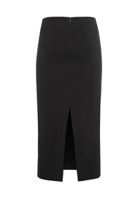 Jupe crayon noire taille haute en tissu extensible, avec une fermeture éclair au centre au dos et une fente à l'avant pour faciliter les mouvements.