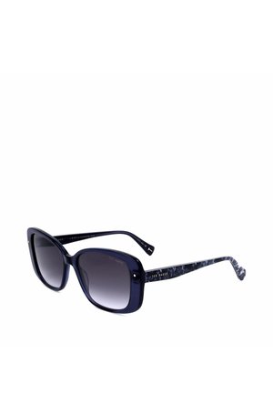 Occhiali da sole quadrati oversize blu scuro con lenti sfumate e aste con motivo marmorizzato inclinate verso destra.