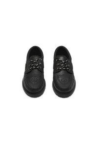 Black shoes with a rounded toe, textured leather upper, metal eyelets, and black laces. Features embossed logo on the vamp and thick sole.