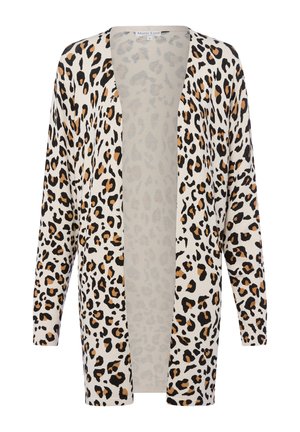 Leopard print cardigan in beige with black and orange spots. Lightweight knit material, open front design, long sleeves, ribbed cuffs.