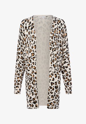 Leopardenmuster-Cardigan in Beige mit schwarzen und orangenen Flecken. Leichter Strickstoff, offenes Design, lange Ärmel, gerippte Bündchen.