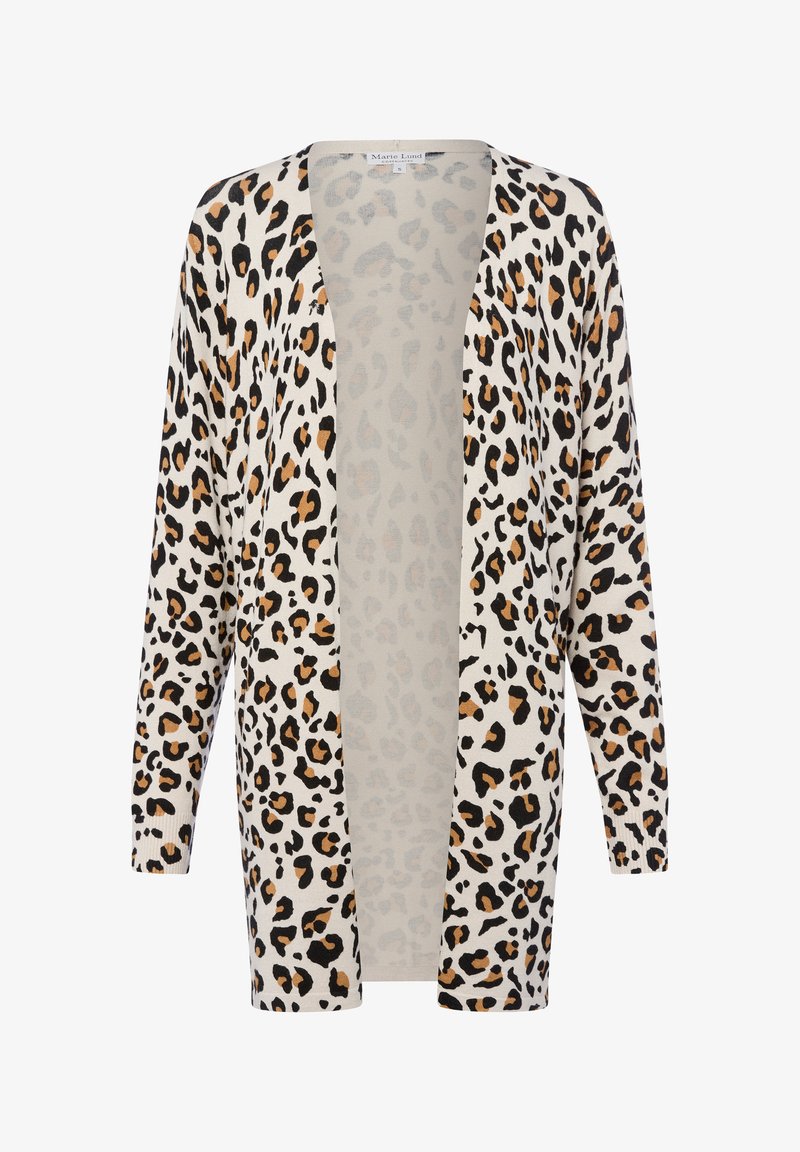 Cardigan en imprimé léopard beige avec des taches noires et oranges. Matériau en tricot léger, design à ouverture frontale, manches longues, poignets côtelés.