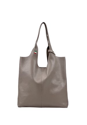Gray textured leather tote bag with long handles and a small tag featuring the Italian flag colors hanging near the top.