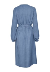 Denim dress, long sleeves with elastic cuffs, belted waist, mid-calf length, and a subtle texture in a light blue color.