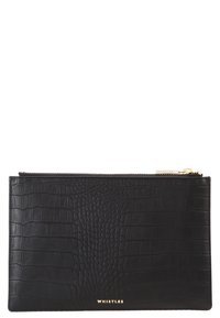 Black crocodile-embossed leather clutch with a zip closure. Gold hardware and embossed logo at the bottom. Flat, rectangular shape.