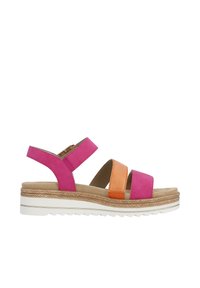 Sandalo multicolore con cinturini rosa, arancioni e testurizzati, caratterizzato da una suola a piattaforma con un accento intrecciato e un fondo in gomma bianca.