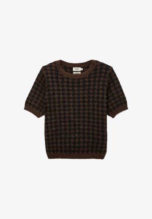 Pull en maille à manches courtes à carreaux marron et noir avec encolure ronde et poignets et ourlet côtelés.