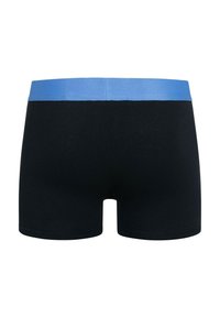 Black boxer shorts featuring a blue elastic waistband. Smooth fabric with a snug fit and no additional patterns or accents.