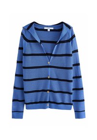 Blauwe en marinegestreepte cardigan met een gestructureerde brei, open kraag en vijf knoopsluitingen. Heeft lange mouwen en geribbelde manchetten.