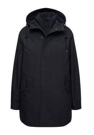 Zwarte waterdichte parka met een capuchon, ritssluiting, twee zijzakken en verstelbare trekkoorden. Glad textuur met een minimalistisch ontwerp.
