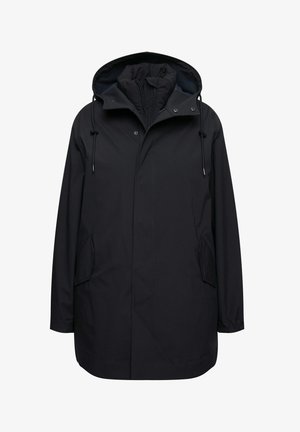 Schwarze wasserdichte Parka mit Kapuze, Reißverschluss, zwei Seitentaschen und verstellbaren Kordeln. Glatte Textur mit minimalistischem Design.
