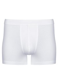 Herren weiße Boxerbriefs aus weicher Baumwolle. Mit einem glatten Bund mit Logo, kurzen Beinen und einem enganliegenden Schnitt.
