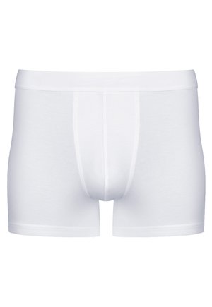 Men's white boxer briefs made from soft cotton. Features a smooth waistband with logo, short legs, and a snug fit.