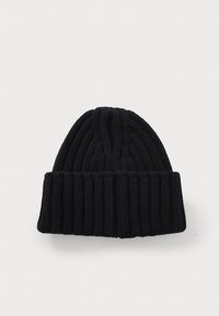 Berretto di lana nera a maglia con texture a coste e risvolto, caratterizzato da strisce verticali su tutta la superficie per un tocco di dettaglio in più.