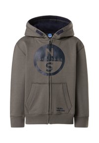 Grauer Reißverschluss-Hoodie mit dunkelblauem Innenfutter, ausgestattet mit einem runden Logo, zwei Fronttaschen und Text am Saum. Hergestellt aus weichem Stoff mit gerippten Bündchen.