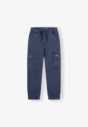 Pantalones cargo azul marino con cintura elástica, cordón, dos bolsillos laterales y dos bolsillos cargo que presentan un logo "BRKLN".