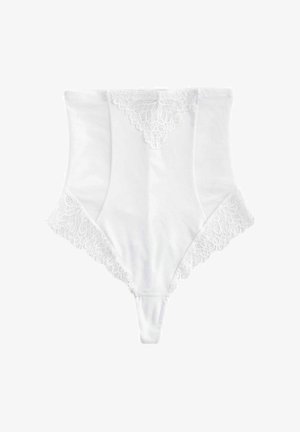 White high-waisted bikini brief with lace accents at the front and sides. Soft, smooth fabric with a semi-sheer texture.