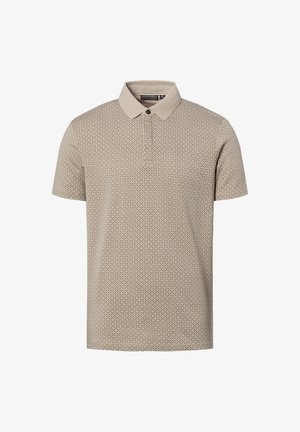 Beżowa koszulka polo z krótkim rękawem, z drobnym geometrycznym wzorem, prążkowanym kołnierzykiem i pojedynczym guzikiem przy dekolcie.