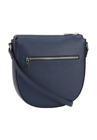 Borsa a tracolla blu navy con superficie testurizzata, tasca frontale con zipper, hardware in argento e tracolla regolabile.