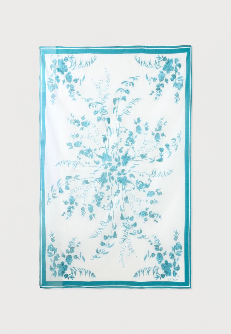 White rectangular scarf with turquoise floral branches and a matching turquoise border.