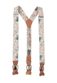 Blumenmuster-Gürtel mit pinkem Stoff, braunen Lederakzenten und Metallklammern. Verstellbares Design für Komfort und Funktionalität.