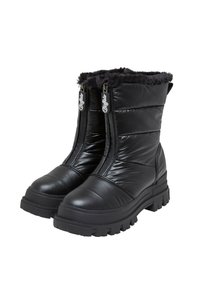 Black insulated boots with a padded design, faux fur trim, dual zippers, and thick rubber soles featuring chunky treads for traction.
