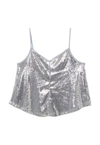 Camisola in paillettes argento con spalline sottili regolabili, caratterizzata da un colletto a V e un design ampio e fluido per una vestibilità rilassata.