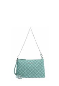 Sac à main Valentino bleu sarcelle clair avec motif en losanges, bandoulière en chaîne argentée et fermeture éclair.