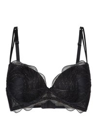 Soutien-gorge noir avec superposition en dentelle transparente présentant des motifs ondulés et des accents métalliques, maintien à armatures, bretelles réglables et fermeture à agrafes.