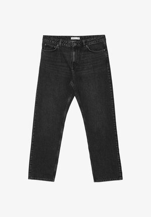 Jean en denim noir avec une coupe droite, dotée d'une fermeture boutonnée et éclair, de cinq poches et d'un léger délavage sur le tissu.