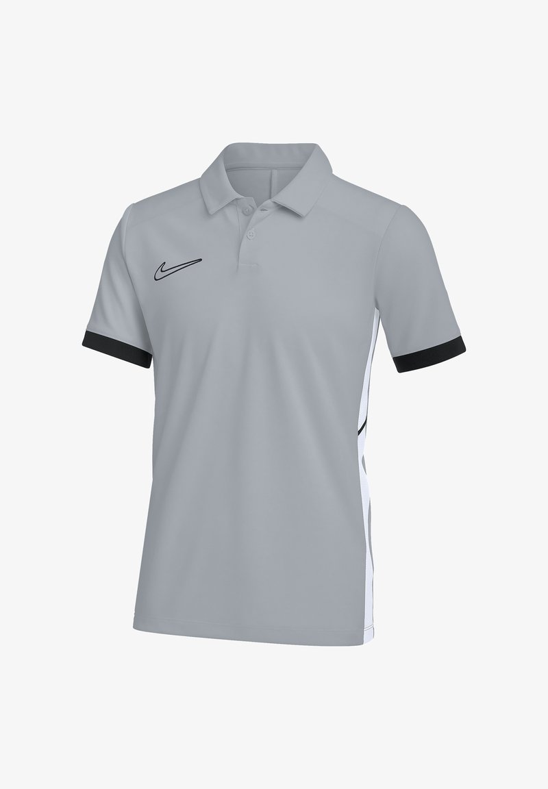 Polo à manches courtes gris clair avec poignets noirs, panneaux latéraux blancs et logo Nike swoosh noir sur la poitrine.
