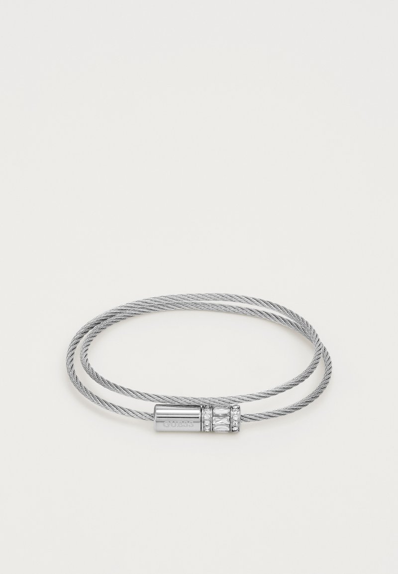 Hõbedane kaabelkinnitus, millel on sile metallist klamber ja kolm säravat aksessuaari, kahekordse silmuse kujundus ja tekstureeritud viimistlus.