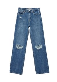 Jeans de mezclilla en un azul claro, desgastados y de corte holgado. Presentan desgarros en las rodillas, un diseño de cinco bolsillos y cierre de botón.