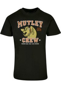 Black cotton t-shirt featuring a graphic of a cartoon dog with the text "MUTLEY CREW WACKY RACES" in orange and white. Short sleeves.