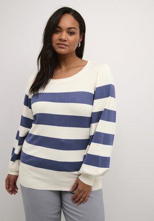 Maglione a strisce in crema e blu navy, con lunghe maniche a sbuffo e scollatura rotonda. Texture morbida, vestibilità rilassata e polsini a coste.