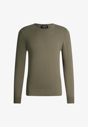 Męski sweter o dopasowanym kroju z okrągłym dekoltem w jednolitym oliwkowym kolorze, z długimi rękawami oraz ściągaczami na rękawach i u dołu.